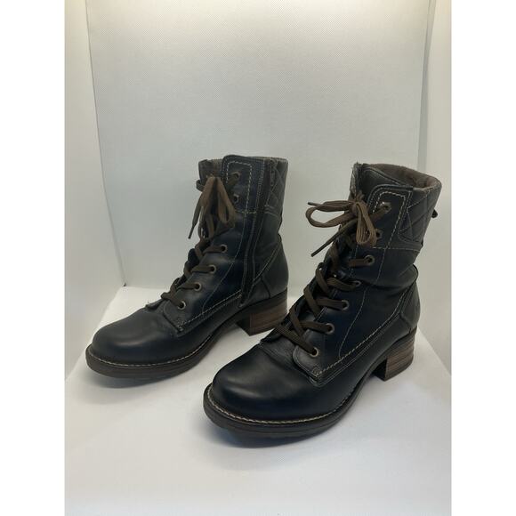 Taos Factor Combat Boots Blue Leather quilted Zip Lace Up Boots 38 US 7 - Picture 1 of 12